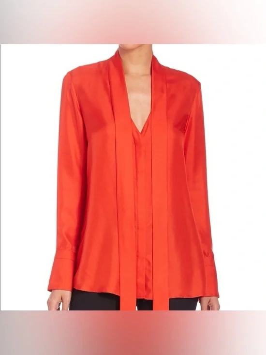 NWT. Rag & Bone. Florence Silk Tie Neck Blouse. Fiery Red. Size 6. - Picture 2 of 14